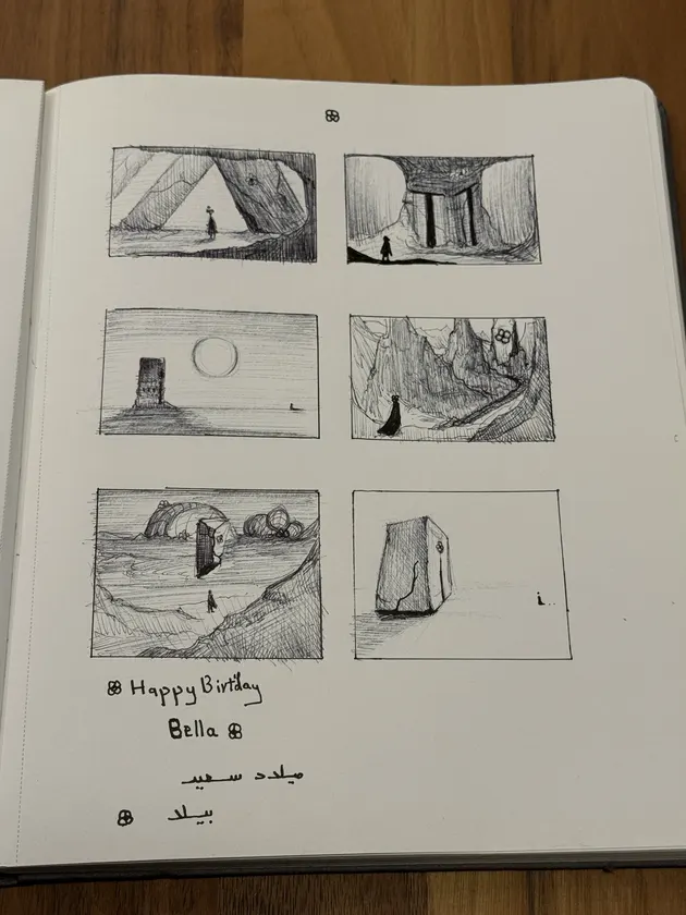 Small drawn frames explore possible compositions and the rhythm of a scene.