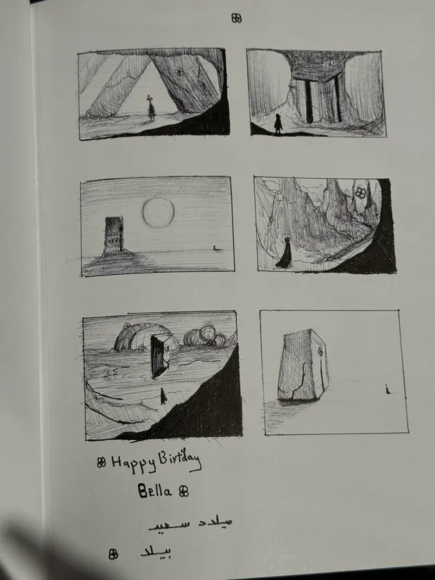 A page of sketches gathers early ideas for shape, movement, and framing.