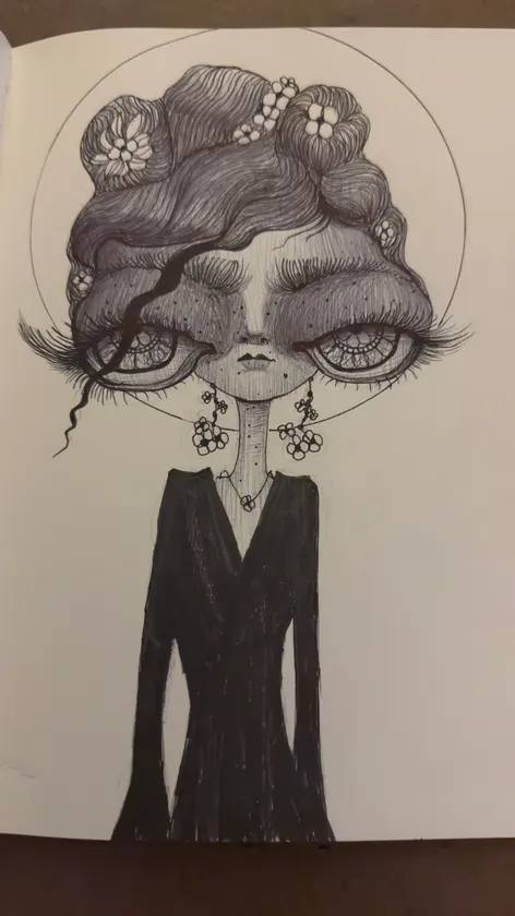 An elongated character and ornate headpiece combine delicate lines with patterned detail.
