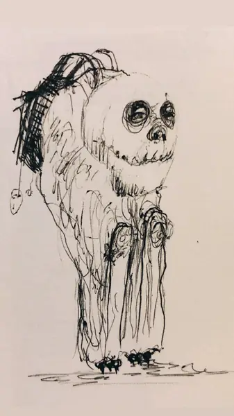 An imagined character is explored through expressive lines, shapes, and gestures.