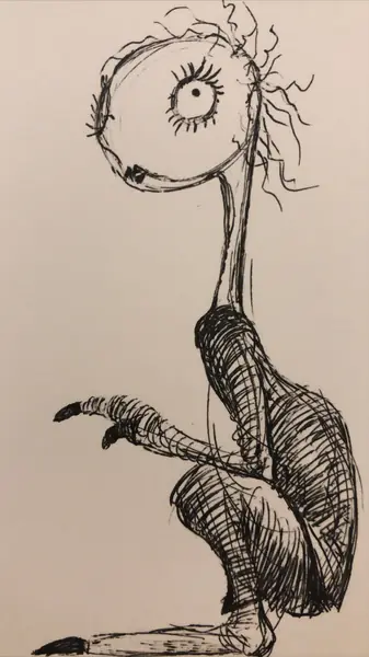 An imagined character is explored through expressive lines, shapes, and gestures.