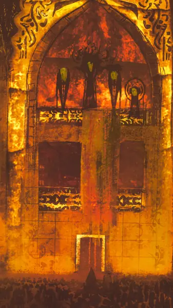An imagined building is explored through warm colour and dramatic illumination.