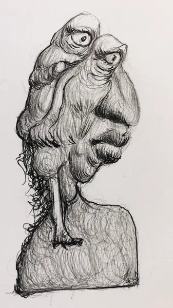 An imagined character is explored through expressive lines, shapes, and gestures.