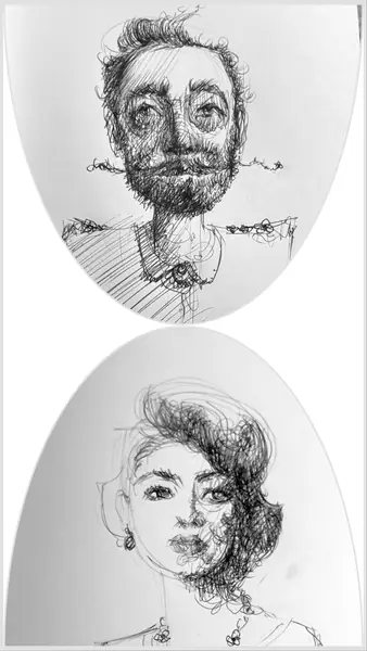 An imagined character is explored through expressive lines, shapes, and gestures.