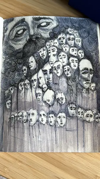 Many smaller faces gather inside the silhouette of a larger character.