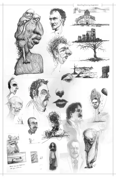 A sketchbook page gathers small studies of imagined characters, forms, and environments.