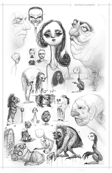 A sketchbook page gathers small studies of imagined characters, forms, and environments.