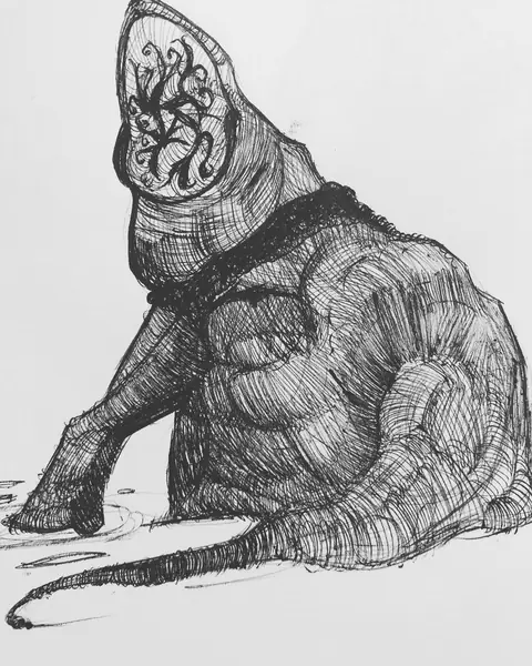 An imagined creature is drawn through curled limbs and textured lines.