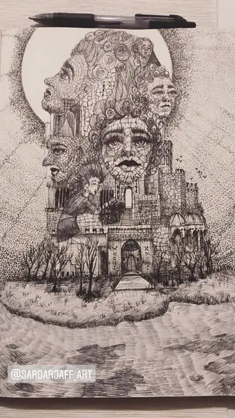 A densely drawn architectural form surrounds an imagined central figure.