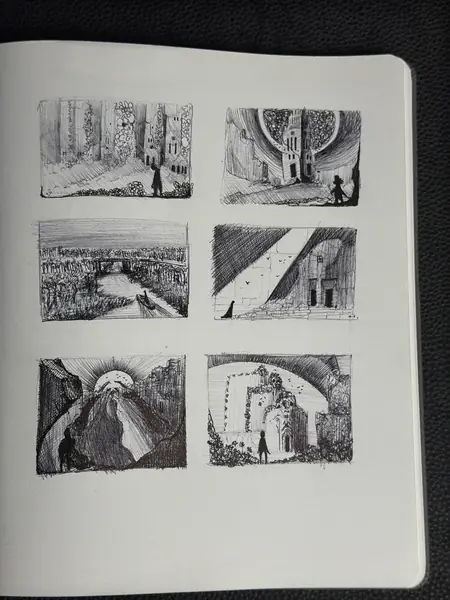 A sketchbook page gathers small studies of imagined characters, forms, and environments.