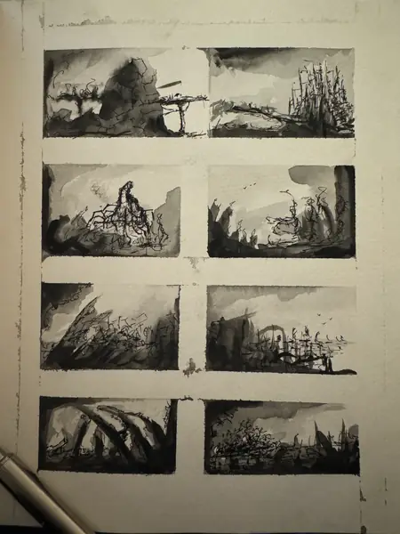 A sketchbook page gathers small studies of imagined characters, forms, and environments.