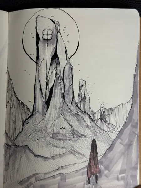 A slender imagined figure rests beneath an enclosing circular form.