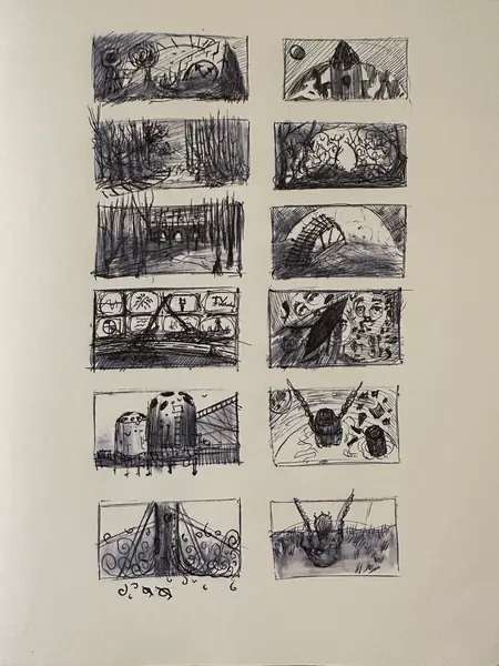 A sketchbook page gathers small studies of imagined characters, forms, and environments.