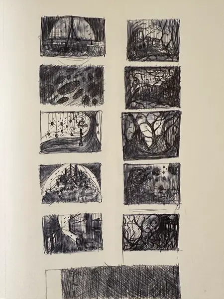 A sketchbook page gathers small studies of imagined characters, forms, and environments.
