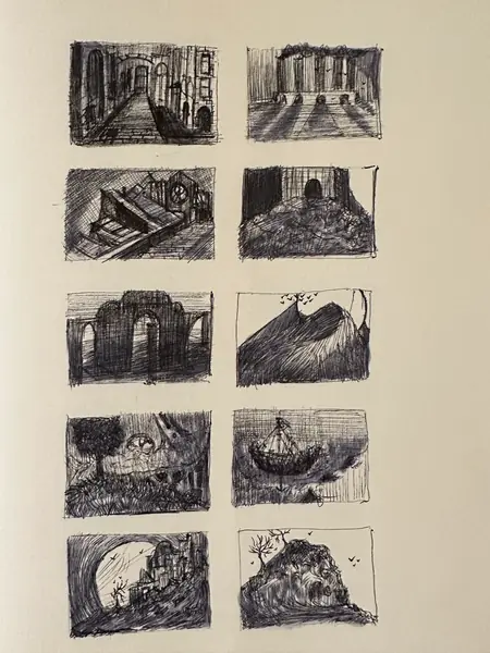 A sketchbook page gathers small studies of imagined characters, forms, and environments.