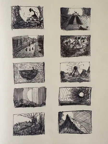 A sketchbook page gathers small studies of imagined characters, forms, and environments.