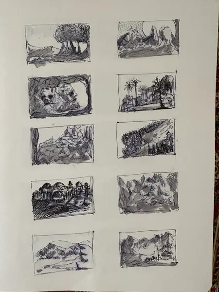 A sketchbook page gathers small studies of imagined characters, forms, and environments.