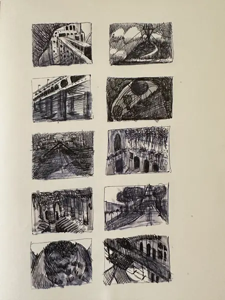 A sketchbook page gathers small studies of imagined characters, forms, and environments.