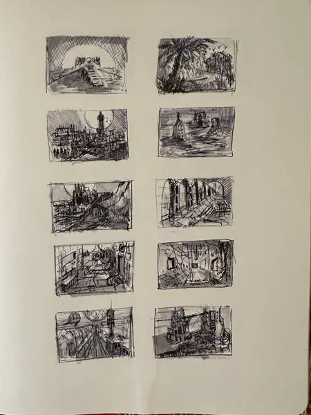 A sketchbook page gathers small studies of imagined characters, forms, and environments.