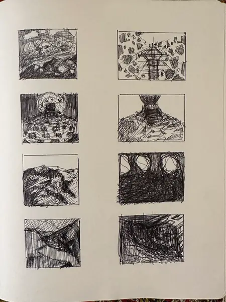 A sketchbook page gathers small studies of imagined characters, forms, and environments.