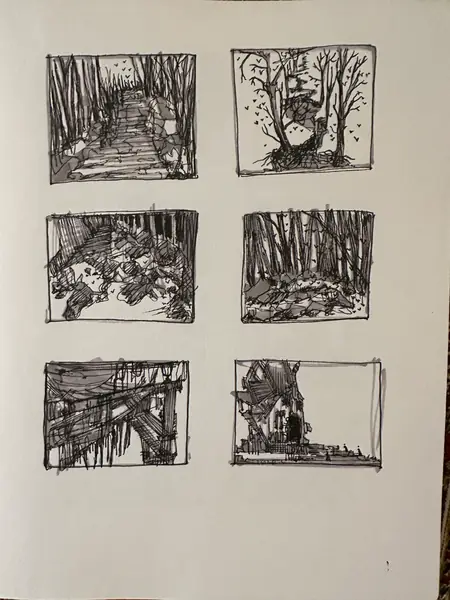 A sketchbook page gathers small studies of imagined characters, forms, and environments.