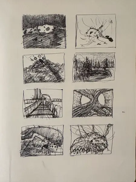 A sketchbook page gathers small studies of imagined characters, forms, and environments.