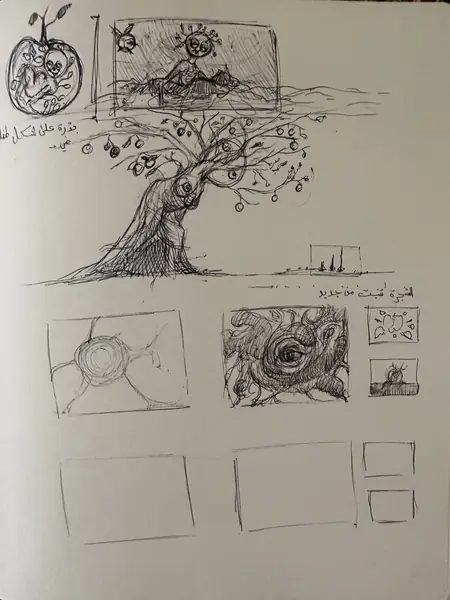 A sketchbook page gathers small studies of imagined characters, forms, and environments.