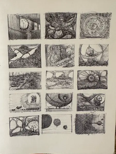 A sketchbook page gathers small studies of imagined characters, forms, and environments.