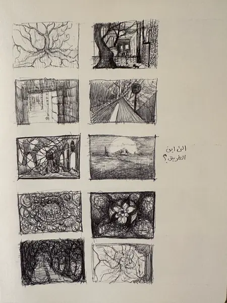 A sketchbook page gathers small studies of imagined characters, forms, and environments.