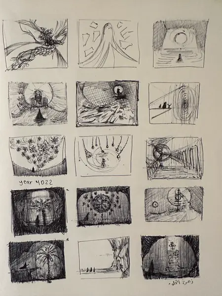 A sketchbook page gathers small studies of imagined characters, forms, and environments.