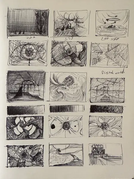 A sketchbook page gathers small studies of imagined characters, forms, and environments.