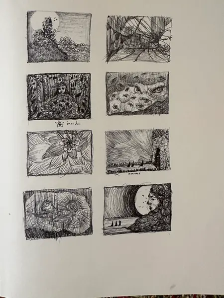 A sketchbook page gathers small studies of imagined characters, forms, and environments.