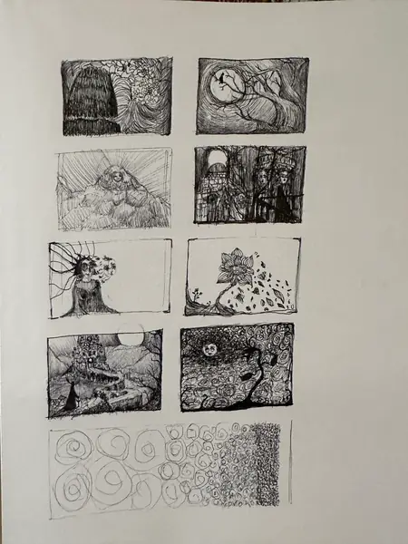 A sketchbook page gathers small studies of imagined characters, forms, and environments.