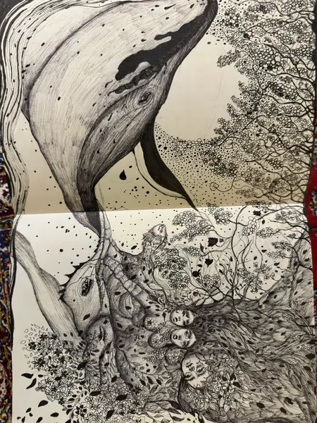 A whale-like form rises through a curved arrangement of water and patterned lines.
