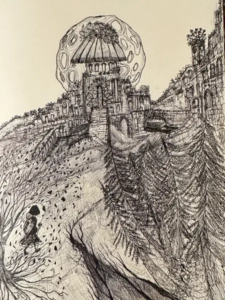 An imagined tower rises from a densely drawn cliffside settlement.