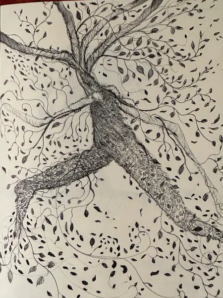 A curved branch divides a dense field of fine repeated marks.