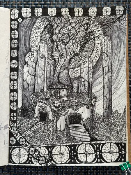 An imagined architectural form is enclosed by a dense ornamental border.
