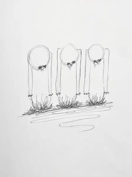 An imagined character is explored through expressive lines, shapes, and gestures.