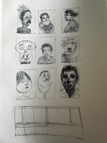 A sketchbook page gathers small studies of imagined characters, forms, and environments.