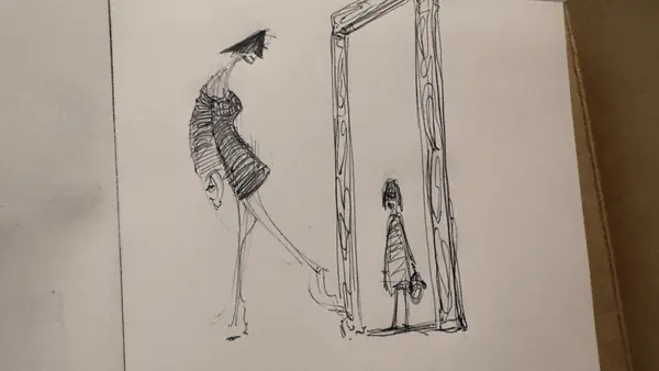 An imagined character is explored through expressive lines, shapes, and gestures.