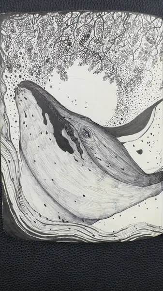 A broad whale-like body moves beneath a textured canopy of marks.