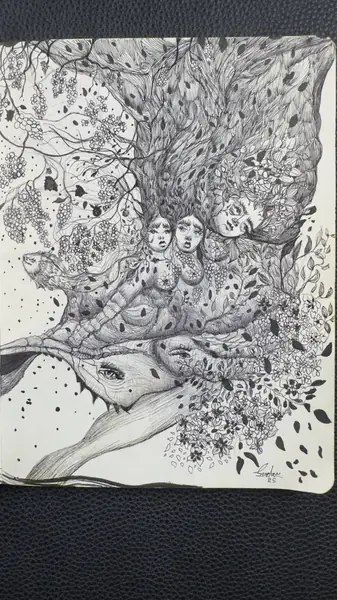An imagined tree grows above a cluster of expressive eyes and shapes.