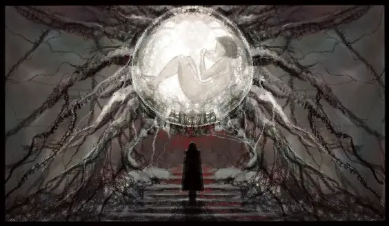 A small figure faces a luminous opening inside an imagined woodland.