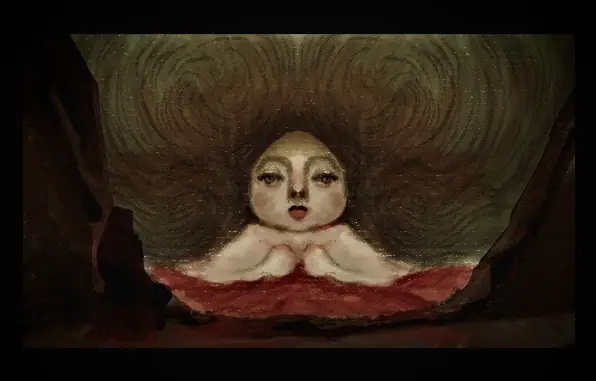 An imagined face is held beneath a broad canopy of dark flowing shapes.