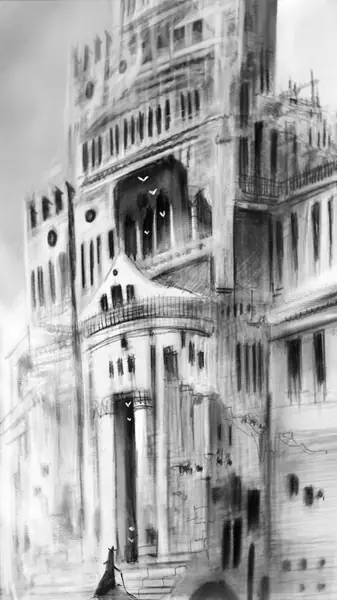 An imagined architectural form is shaped through pale surfaces and dark openings.