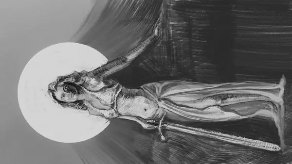 A flowing imagined figure reaches across a dark field and a pale circular moon.