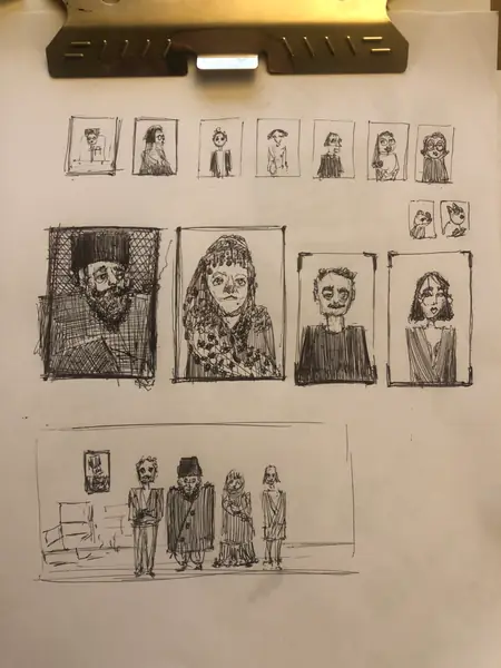 A sketchbook page gathers small studies of imagined characters, forms, and environments.