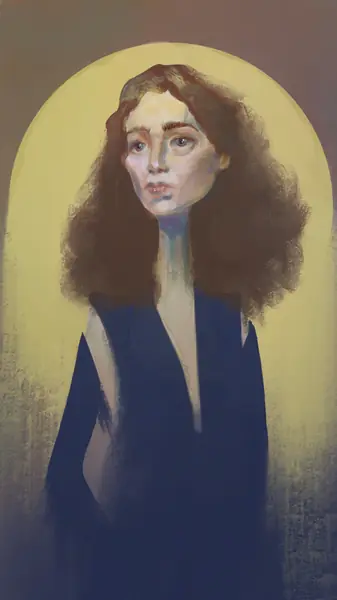 An imagined portrait pairs a blue garment with a quiet arrangement of warm light.