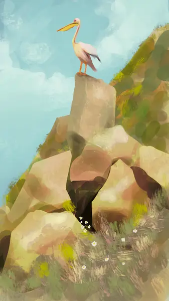 Small imagined figures gather within an angular landscape of rocks and sky.