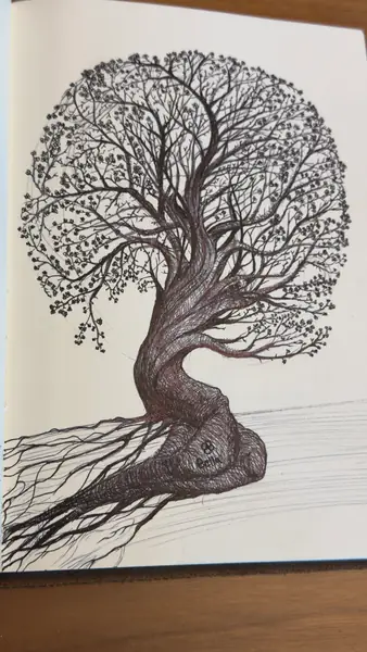 A drawn tree spreads fine branches inside a spare circular composition.